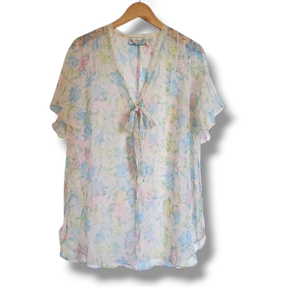 Vintage Victoria's Secret Gold Label Top Robe Size P XS Sheer Floral Pink Lace